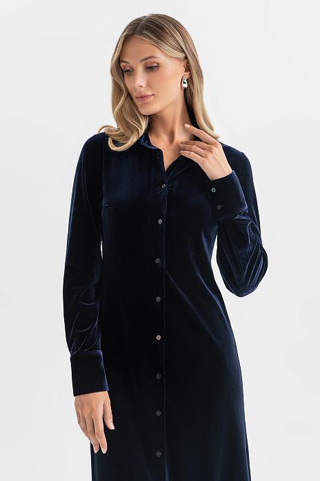 Платье-рубашка из бархата, цвет Синий темный